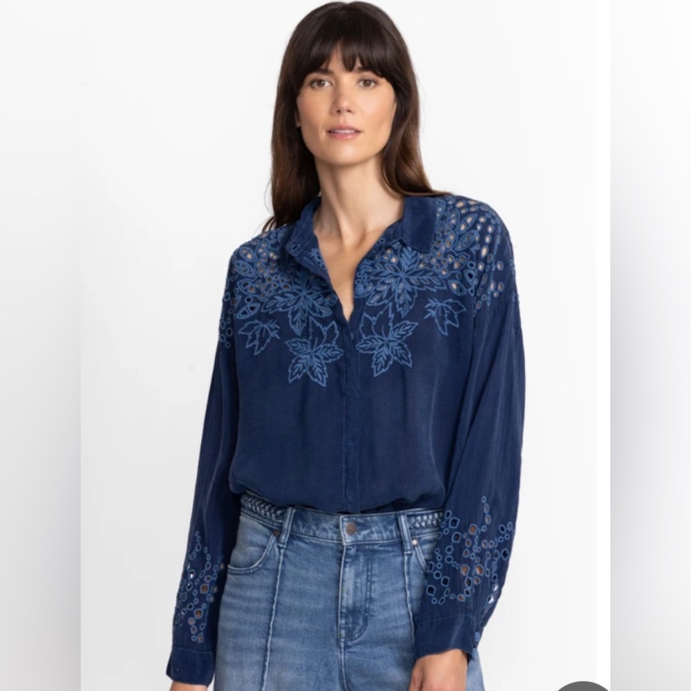 Johnny Was Navy Blue Eyelet Blouse